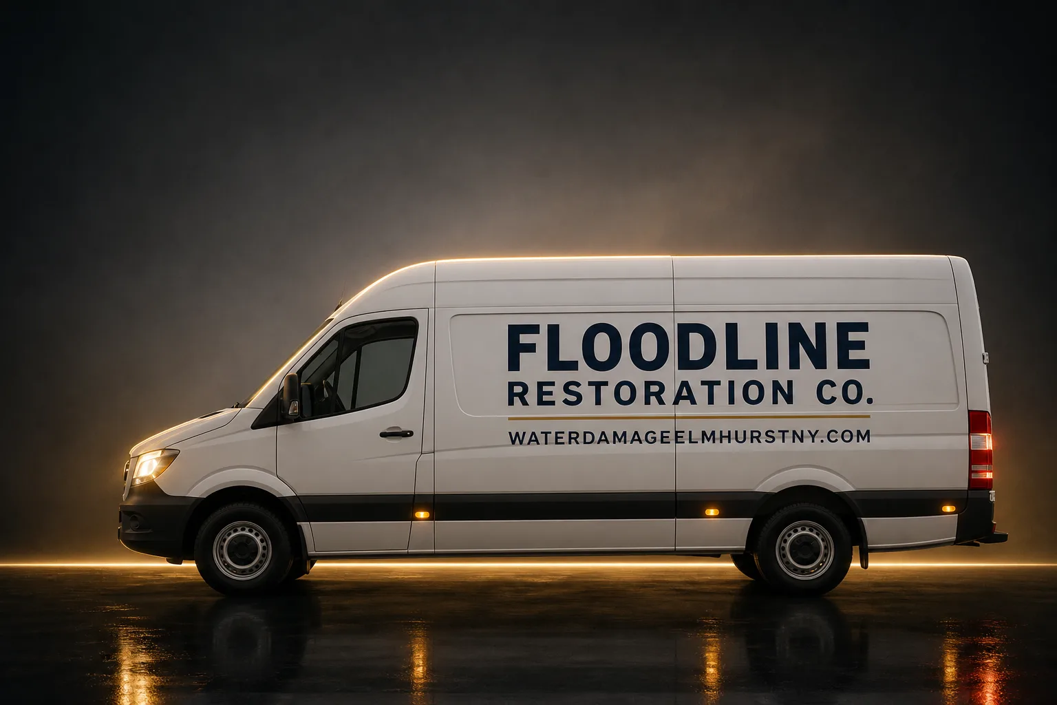 Floodline Restoration Co. damage restoration service vehicle and crew in Elmhurst, NY